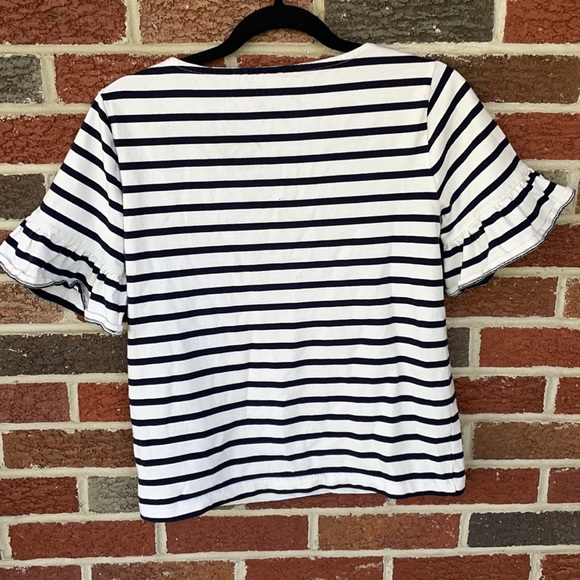 J CREW- White top with navy stripes and ruffles on the arms. Size is a small. - Picture 2 of 2